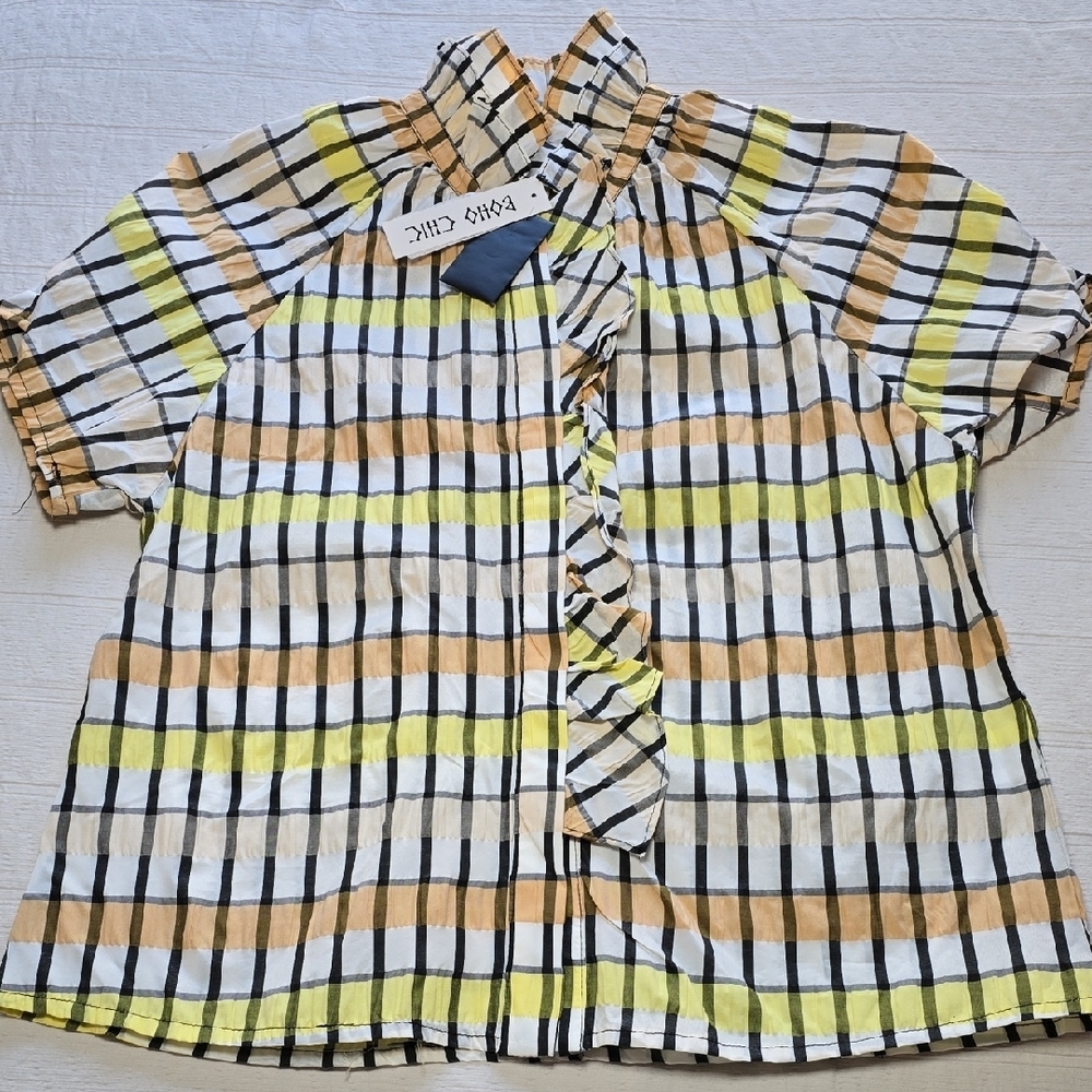 Boho Chic Plaid Ruffle Blouse Women's Size XS (NWT)